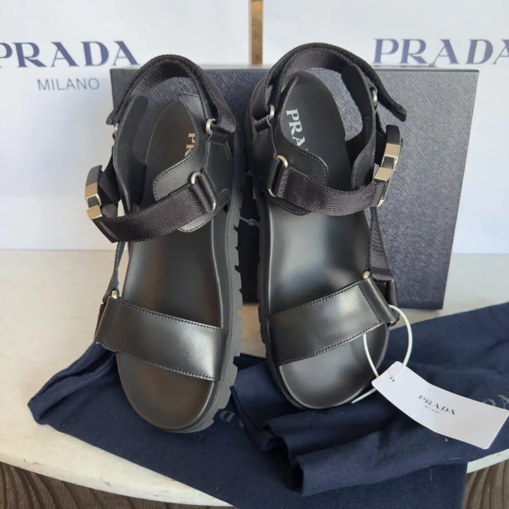 Prada‎ Nastro Black Canvas and Leather Tape Men's Sandal, 10.5 - - 2x3055